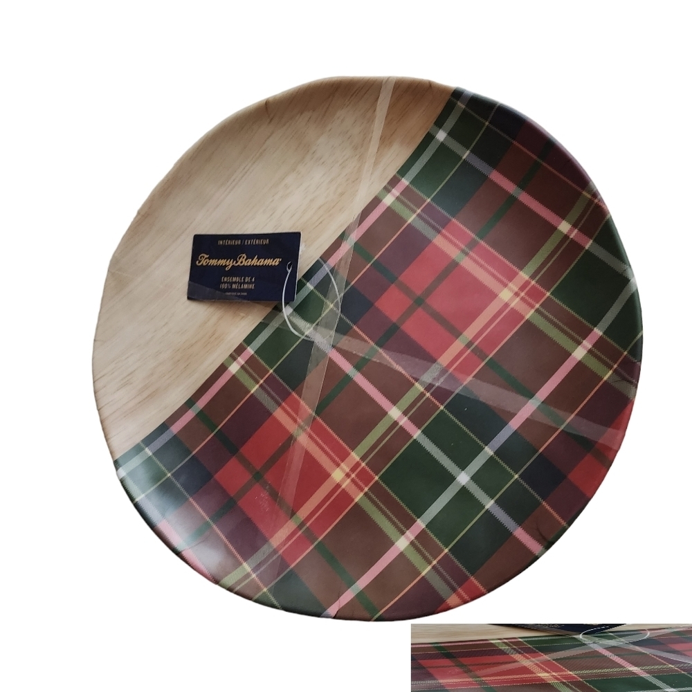 Tommy Bahama S/4 Melamine Plaid Red Green 11" dinner plates  Wood Grain